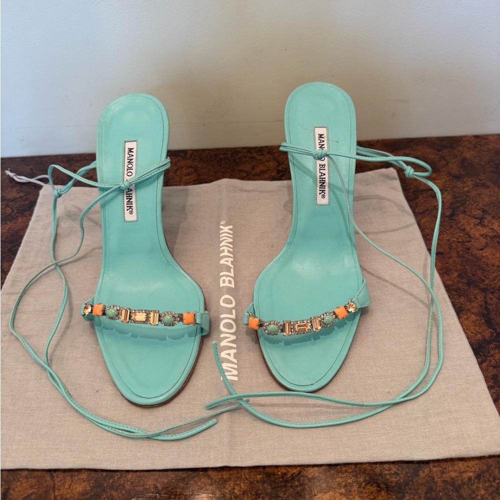 Manolo Blahnik Aqua Strappy Sandals Sz 38.5